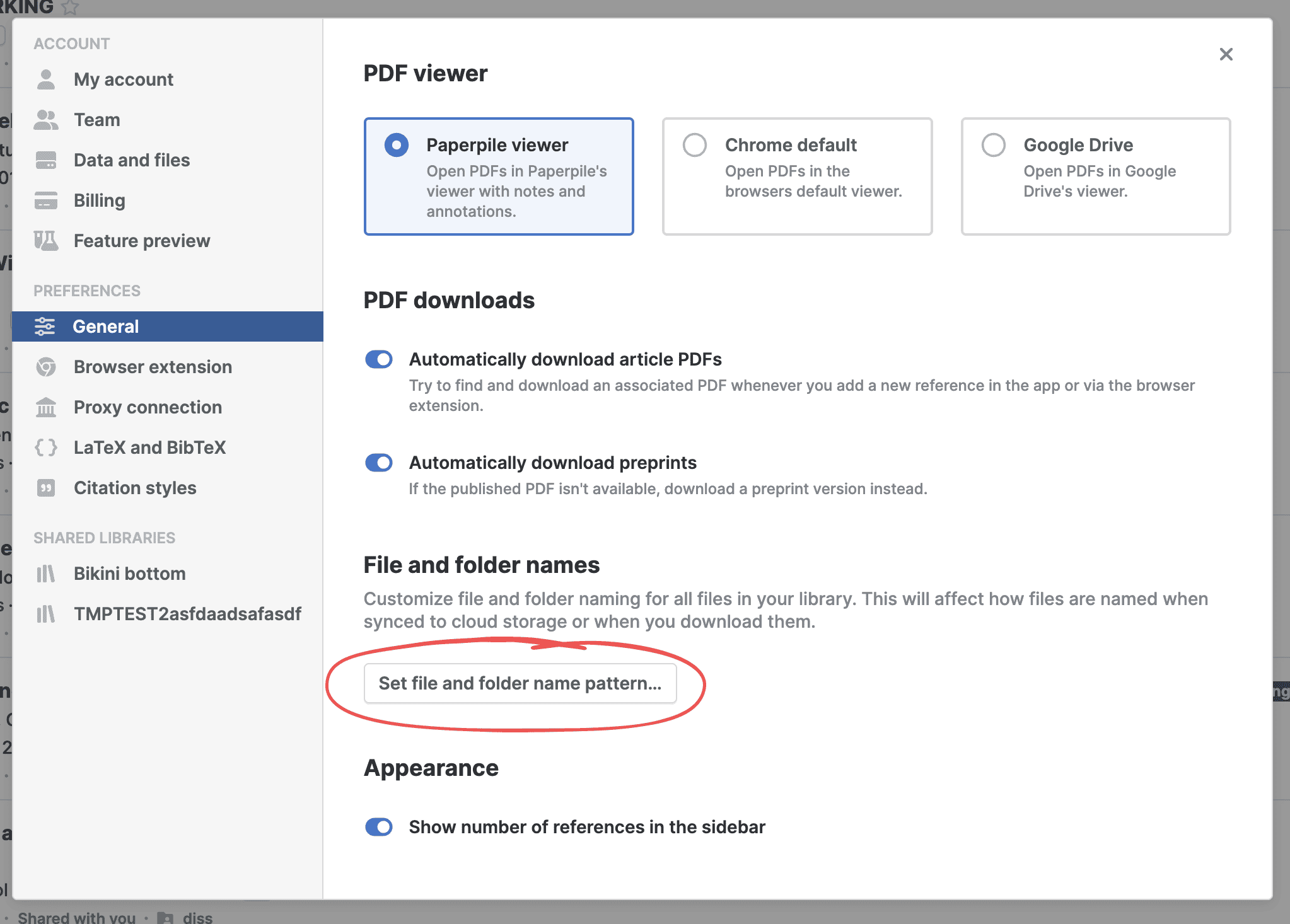 Settings › General with PDF viewer options and PDF download toggles above a “File and folder names” section, where a red arrow points to the circled “Set file and folder name pattern…” button.